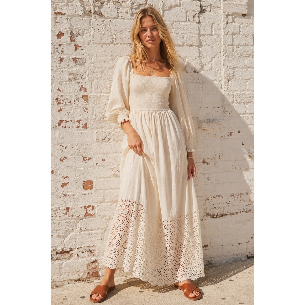 Free People Ivory Cotton Eyelet Perfect Storm Maxi Dress Boho Smocked Small